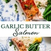 Long collage image of garlic butter salmon.
