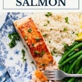 Garlic butter salmon with a text title box at the top.
