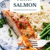 Garlic butter salmon with a text title overlay.