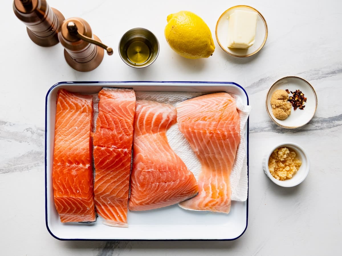 Ingredients for a garlic butter salmon recipe.