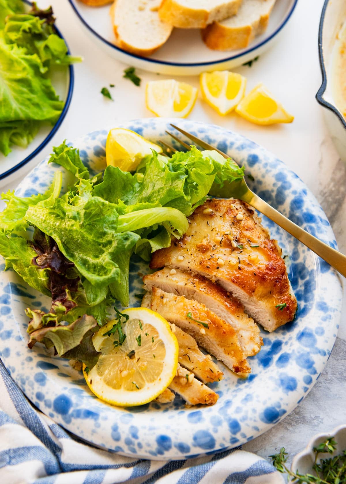 Close up side shot of a sliced skillet lemon chicken breast on a plate with a side salad.