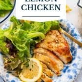 Skillet lemon chicken with a text title overlay.