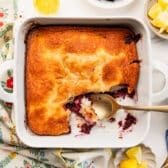 Horizontal overhead image of a pan of easy blackberry cobbler.