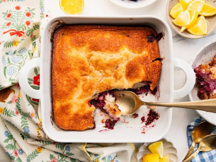 Horizontal overhead image of a pan of easy blackberry cobbler.