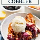 Blackberry cobbler with a text title box at the top.