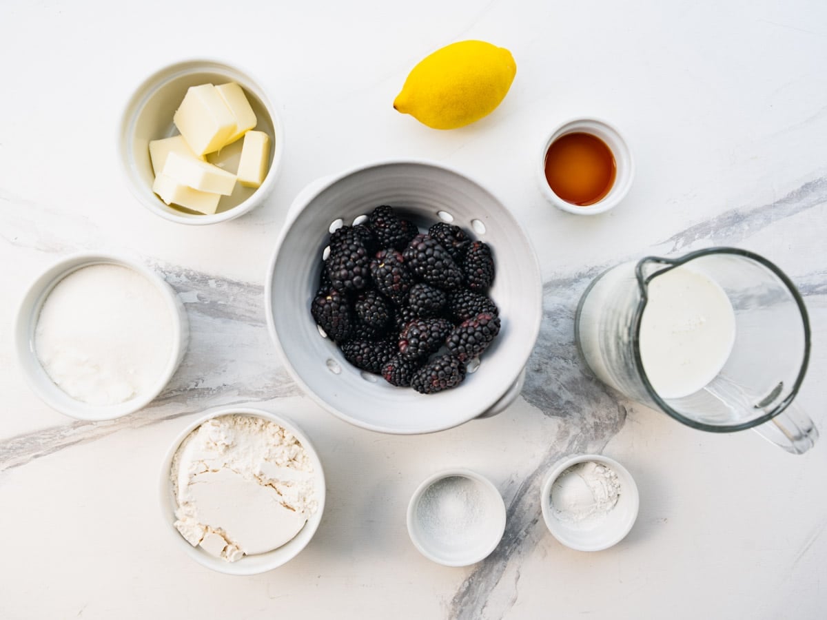 Ingredients for a blackberry cobbler recipe.