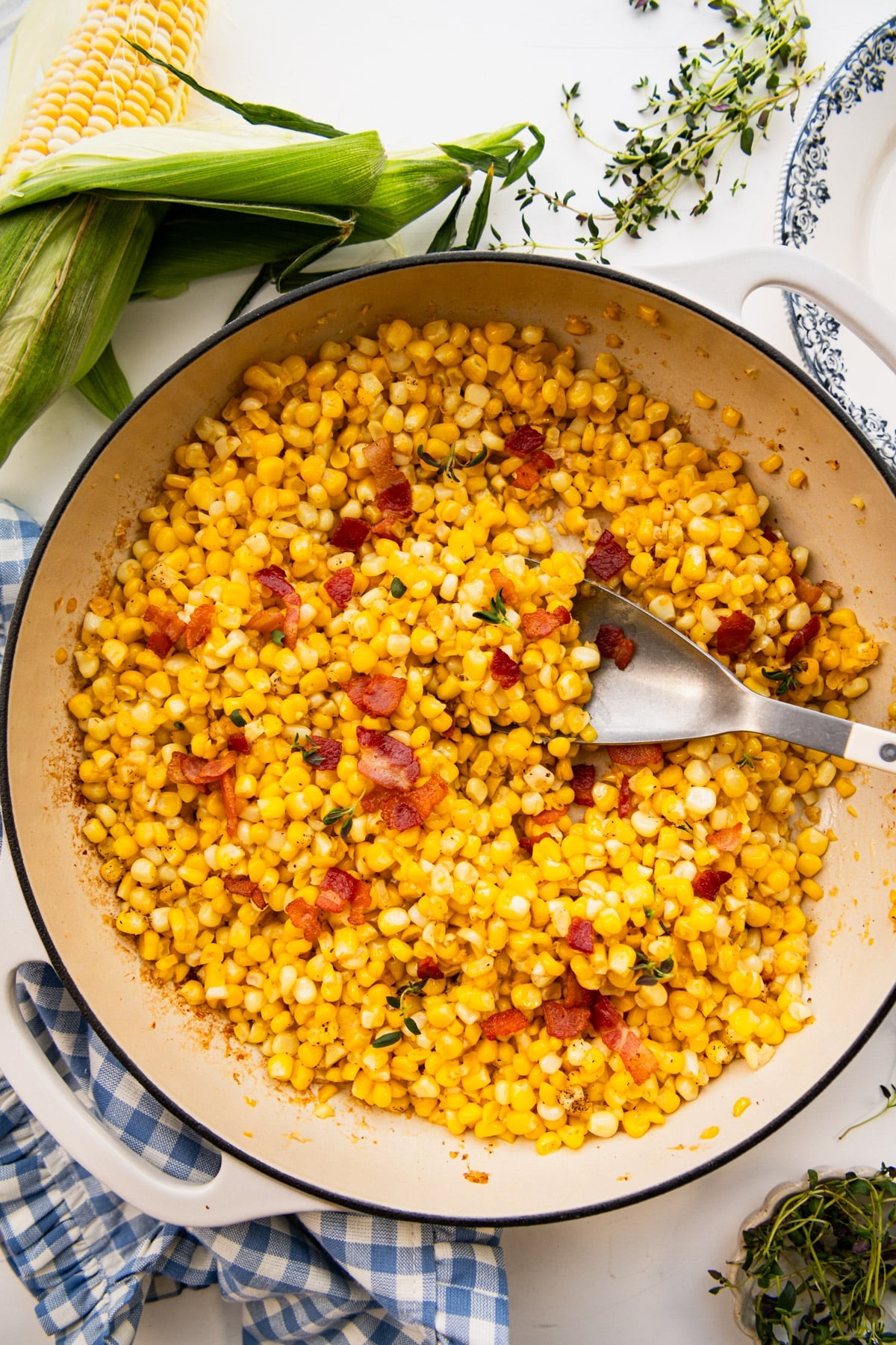 Overhead shot of a skillet of Southern fried corn.