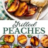 Long collage image of grilled peaches.