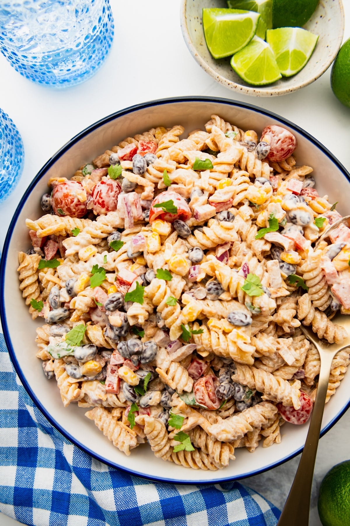 Close overhead image of a bowl of southwest pasta salad.