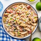 Close horizontal overhead image of a bowl of southwest pasta salad.