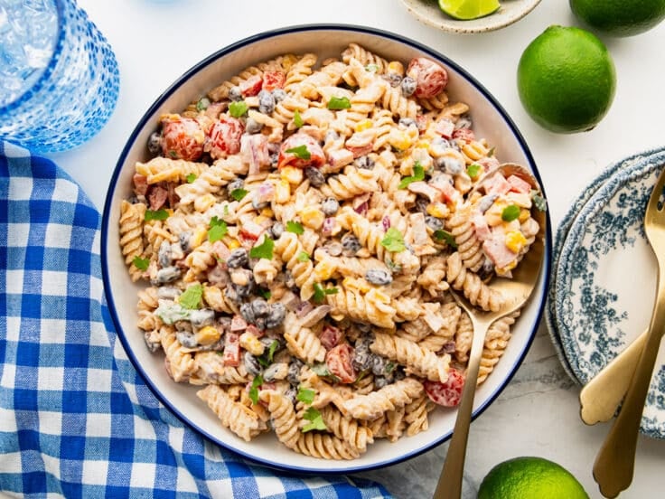 Close horizontal overhead image of a bowl of southwest pasta salad.