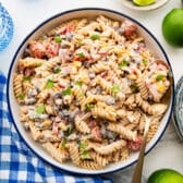 Close square overhead image of a bowl of southwest pasta salad.