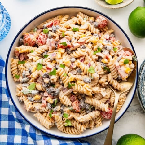 Close square overhead image of a bowl of southwest pasta salad.