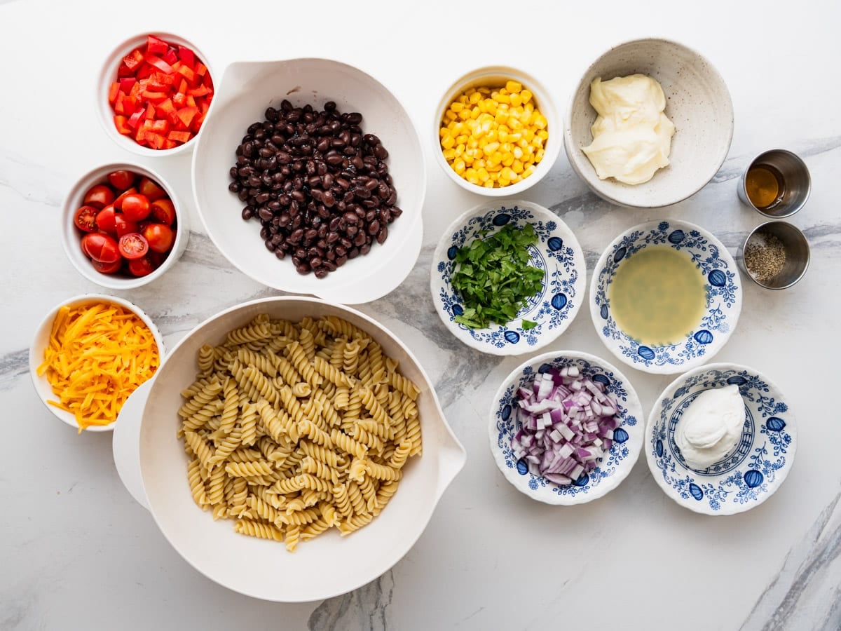 Ingredients for a southwest pasta salad recipe.