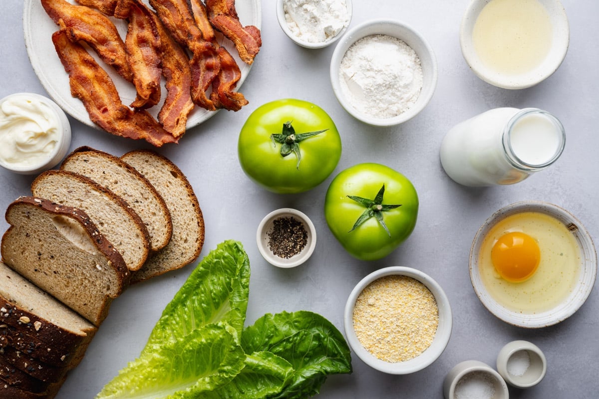 Ingredients for a fried green tomato BLT recipe.