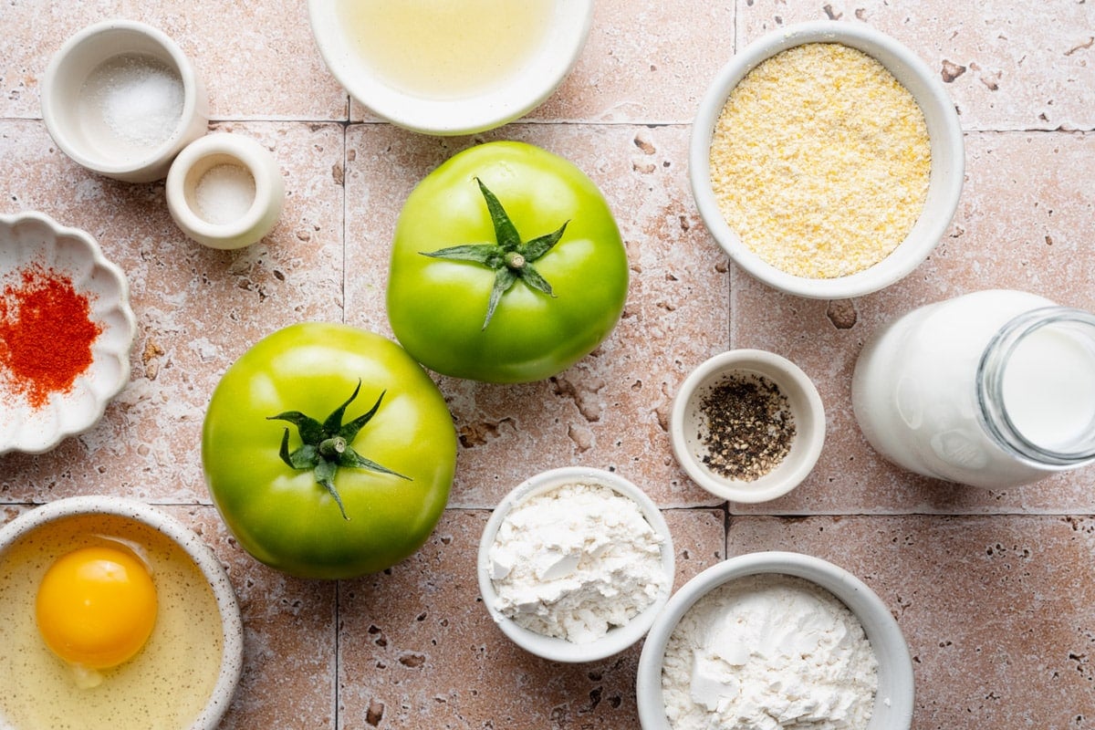 Ingredients for a Southern fried green tomatoes recipe.
