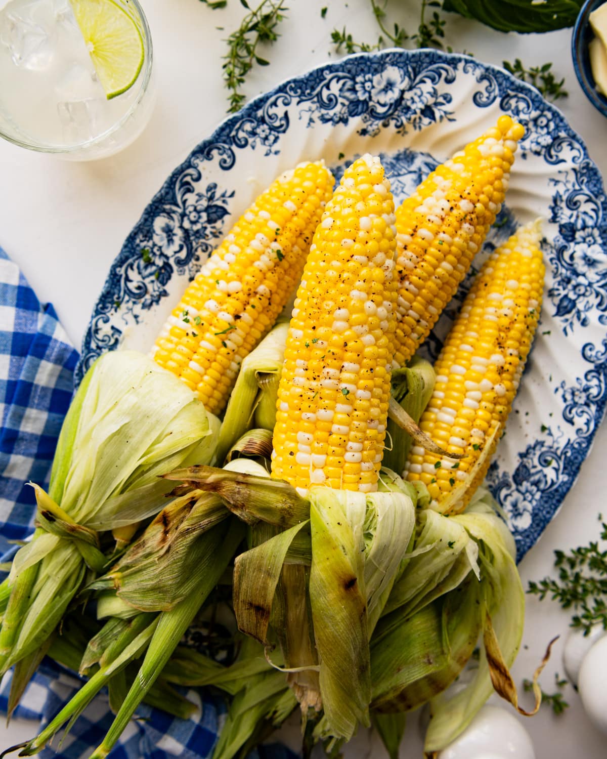 Overhead shot of a platter of grilled corn on the cob.