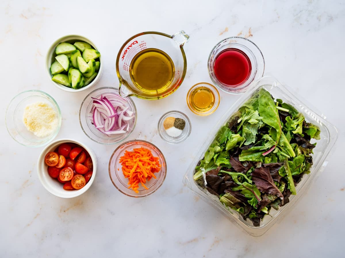 Ingredients for a simple side salad recipe.