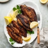 Horizontal overhead shot of blackened catfish fillets on a white serving platter with fresh parsley and lemon wedges.