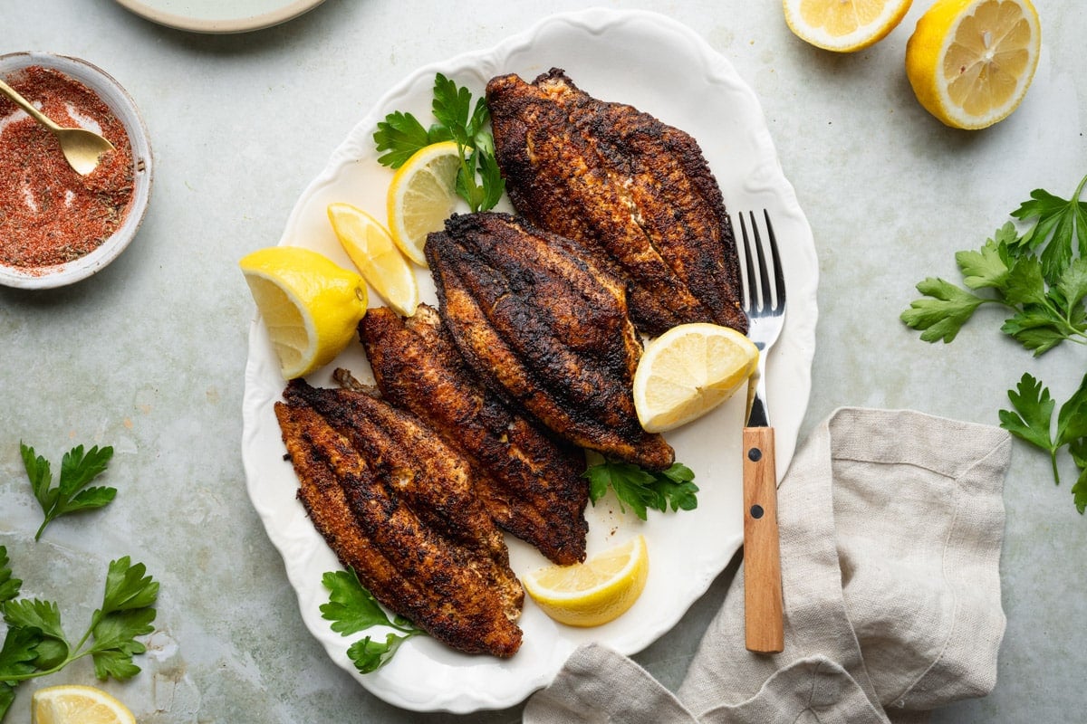 Horizontal overhead shot of blackened catfish fillets on a white serving platter with fresh parsley and lemon wedges.