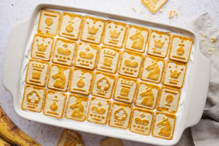 Overhead shot of a fully assembled pan of chessman banana pudding.