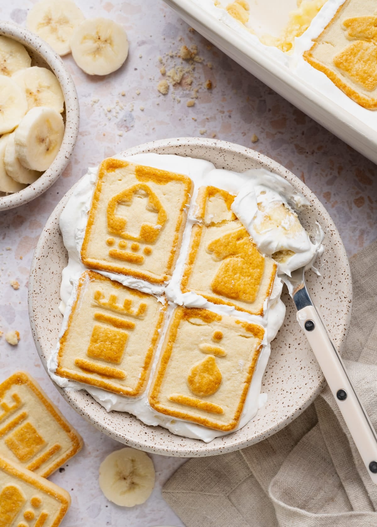 Overhead shot of a bowl of chessman banana pudding.
