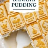 Chessman banana pudding with a text title overlay.