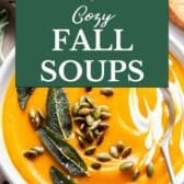 Collage image of cozy fall soup recipes.