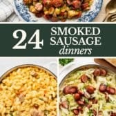 Collage of smoked sausage dinners.