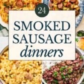 Collage of smoked sausage dinners.
