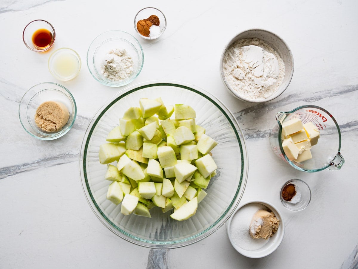 Ingredients for an easy apple crumble recipe.