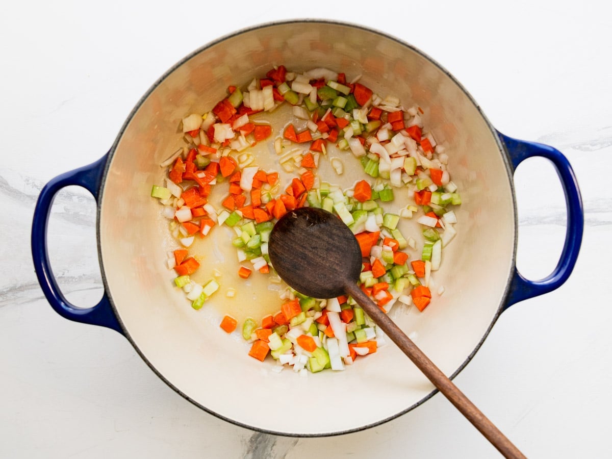 Softening the vegetables for a pot of chicken pot pie soup.