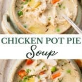 Long collage image of chicken pot pie soup.