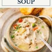 Chicken pot pie soup with a text title box at the top.