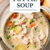 Chicken pot pie soup with a text title overlay.