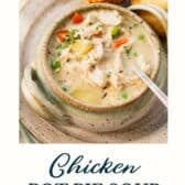 Chicken pot pie soup with a text title at the bottom.