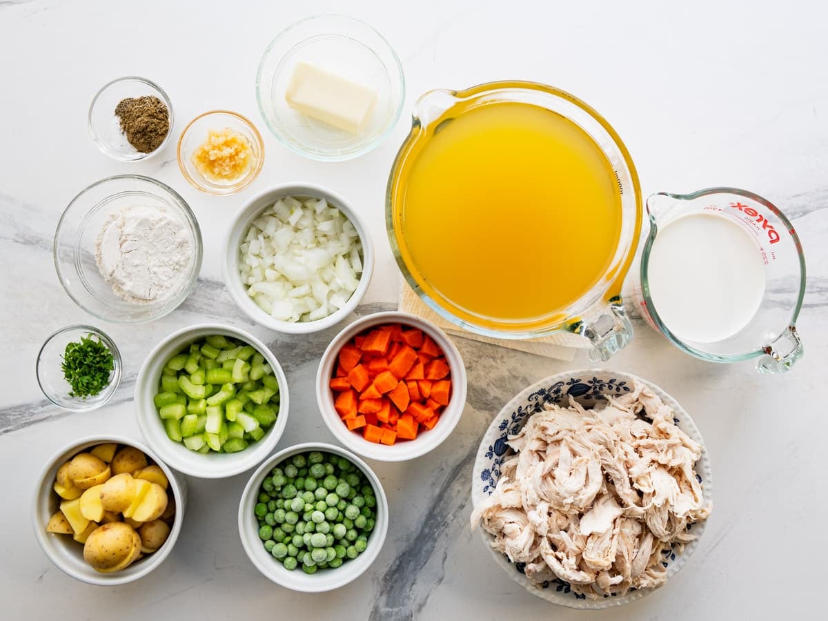 Ingredients for a chicken pot pie soup recipe.