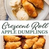 Long collage image of crescent roll apple dumplings.