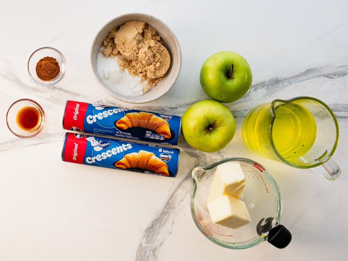 Ingredients for a crescent roll apple dumpling recipe.