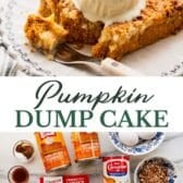 Long collage image of pumpkin dump cake.