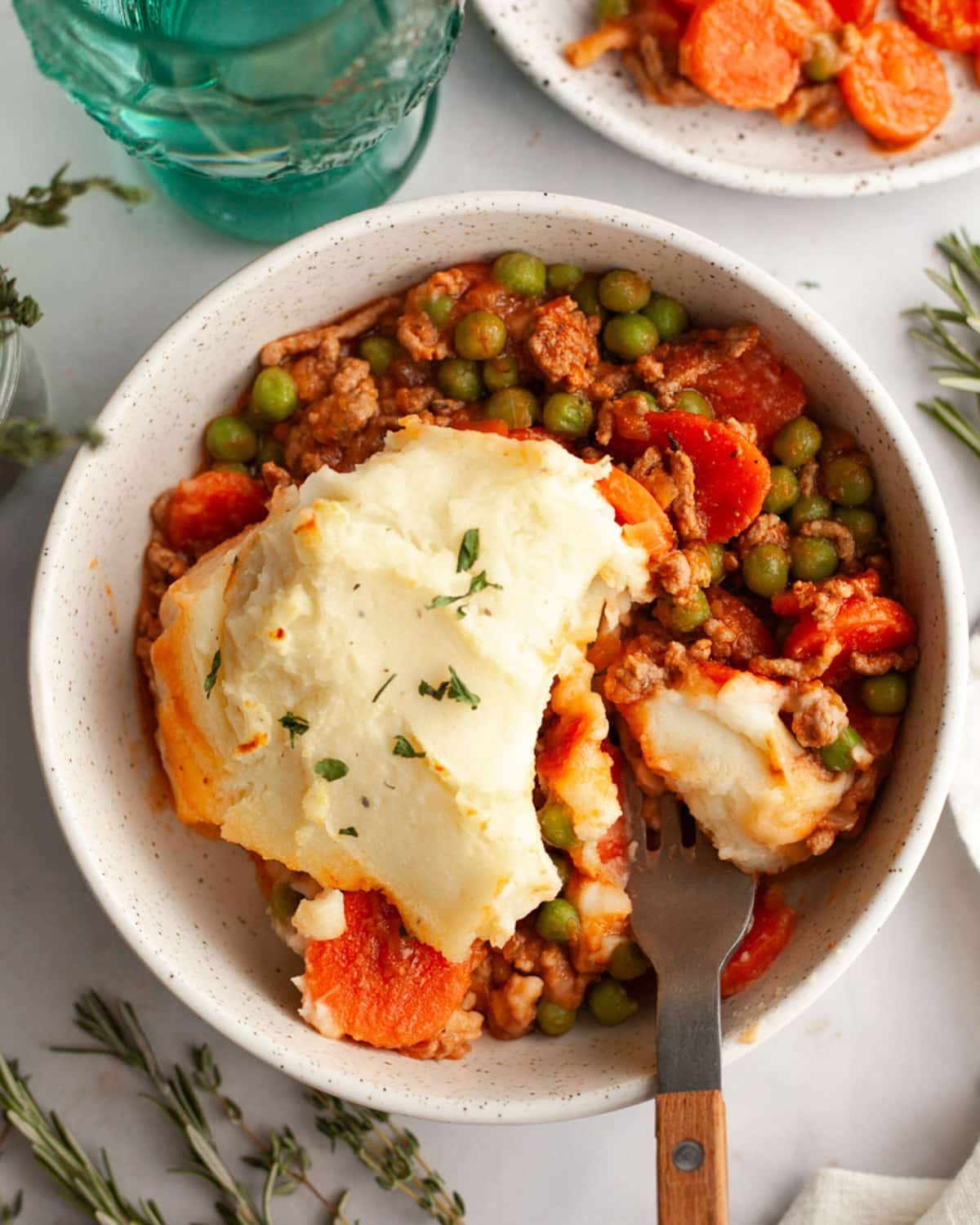 Overhead shot of a bowl of easy shepherd's pie.
