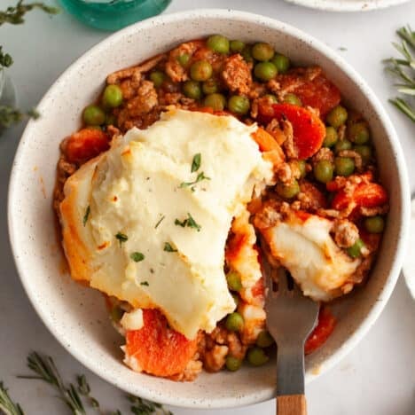 Square overhead shot of a bowl of easy shepherd's pie.