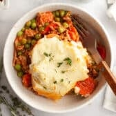 Horizontal overhead shot of a bowl of easy shepherd's pie.