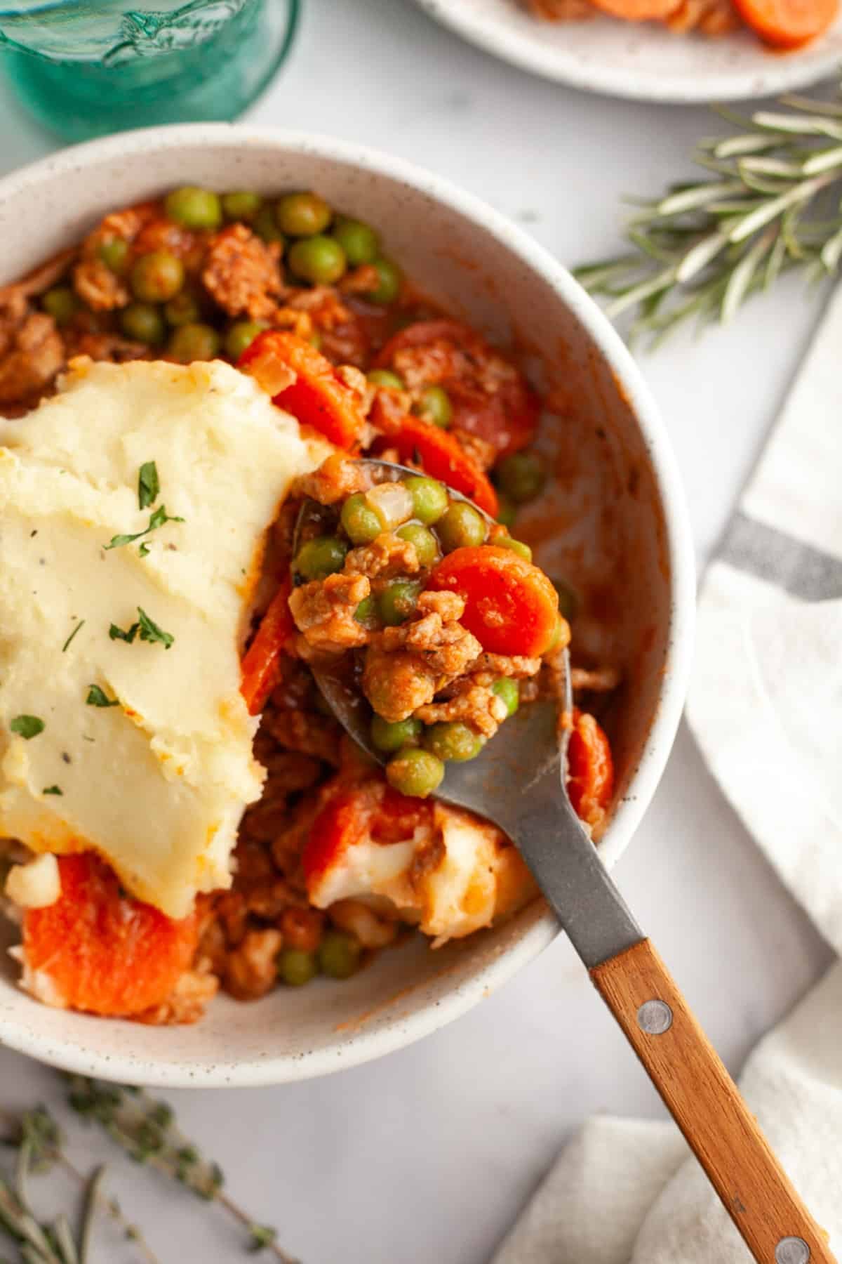 Overhead shot of a bowl of easy shepherd's pie.