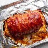 Bacon wrapped meatloaf after broiling.