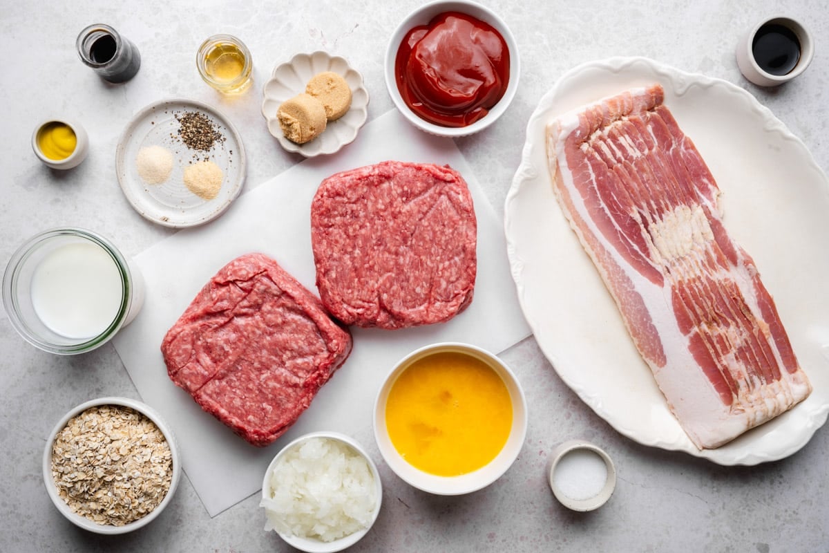 Ingredients for a bacon wrapped meatloaf recipe.